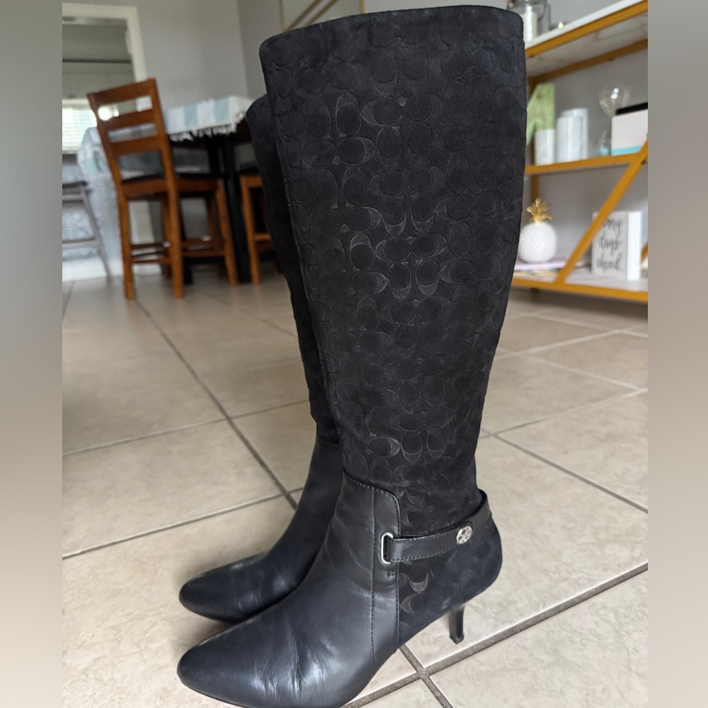 Coach signature monogram knee-high boots with a kitten heel